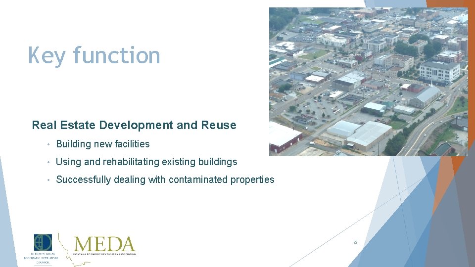 Key function Real Estate Development and Reuse • Building new facilities • Using and