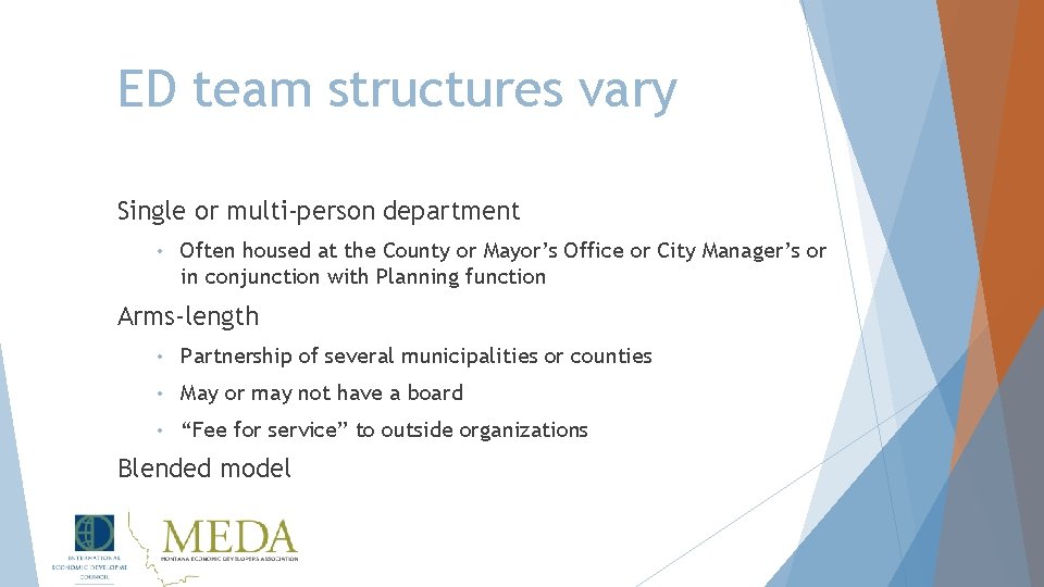 ED team structures vary Single or multi-person department • Often housed at the County