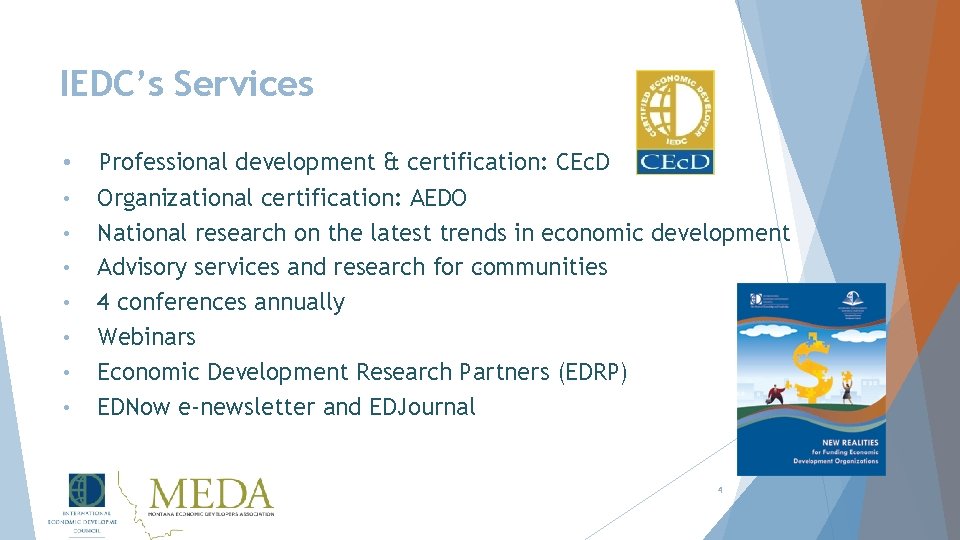 IEDC’s Services • • Professional development & certification: CEc. D Organizational certification: AEDO National