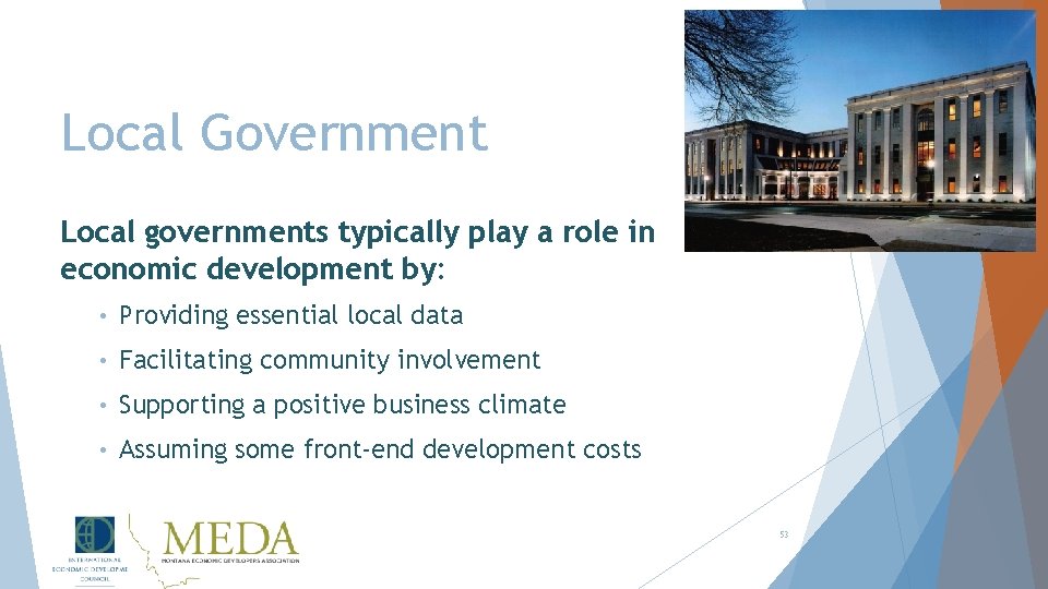 Local Government Local governments typically play a role in economic development by: • Providing