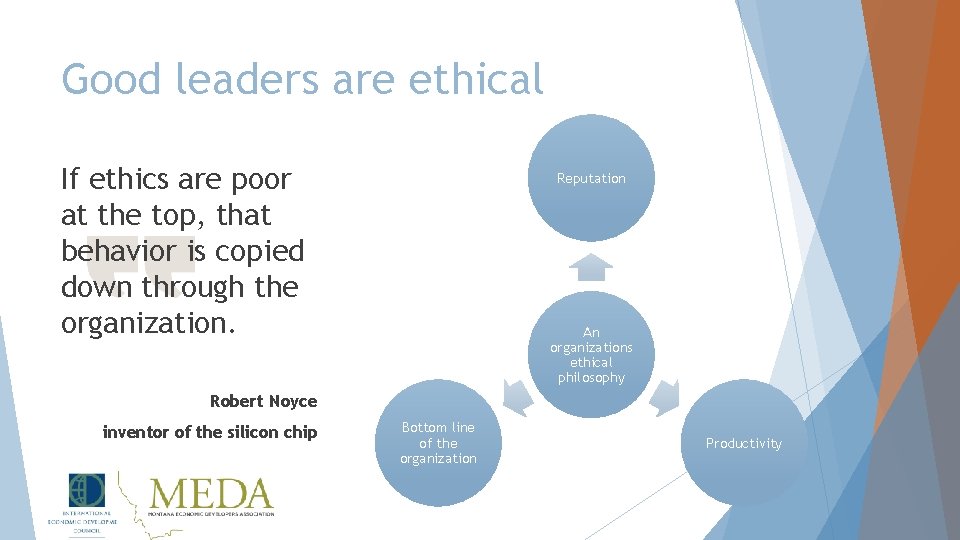 Good leaders are ethical If ethics are poor at the top, that behavior is
