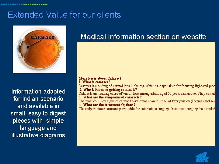 Extended Value for our clients Medical Information section on website Information adapted for Indian Extended Value for our clients Medical Information section on website Information adapted for Indian
