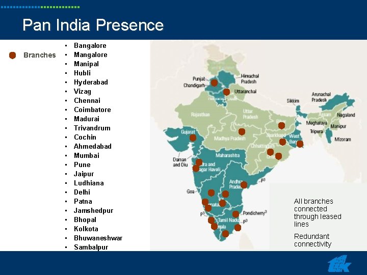 Pan India Presence Branches • • • • • • Bangalore Manipal Hubli Hyderabad Pan India Presence Branches • • • • • • Bangalore Manipal Hubli Hyderabad