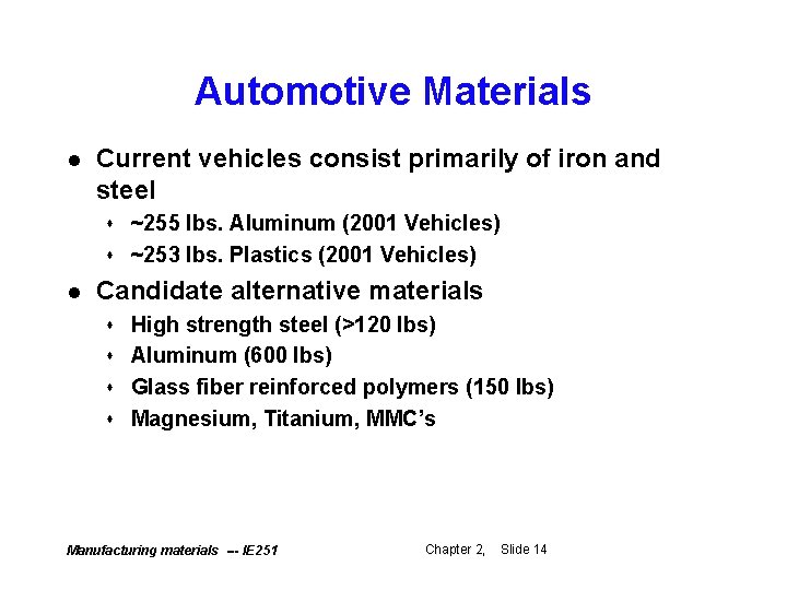 Automotive Materials l Current vehicles consist primarily of iron and steel ~255 lbs. Aluminum