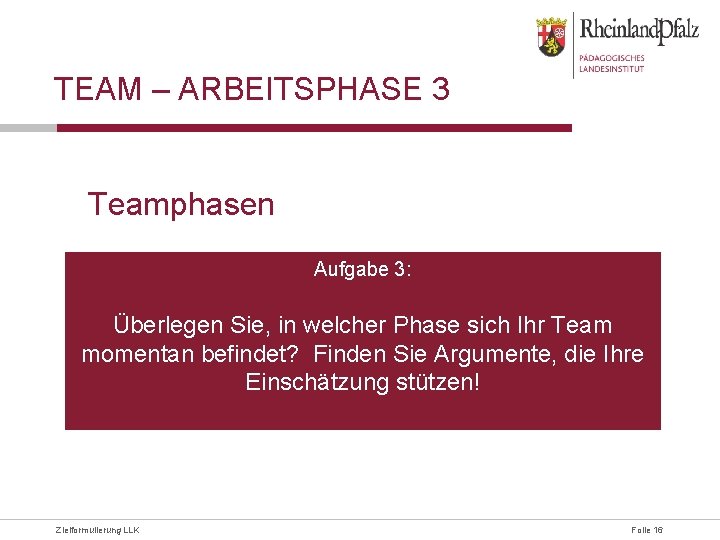 TEAM – ARBEITSPHASE 3 Teamphasen Aufgabe 3: Überlegen Sie, in welcher Phase sich Ihr