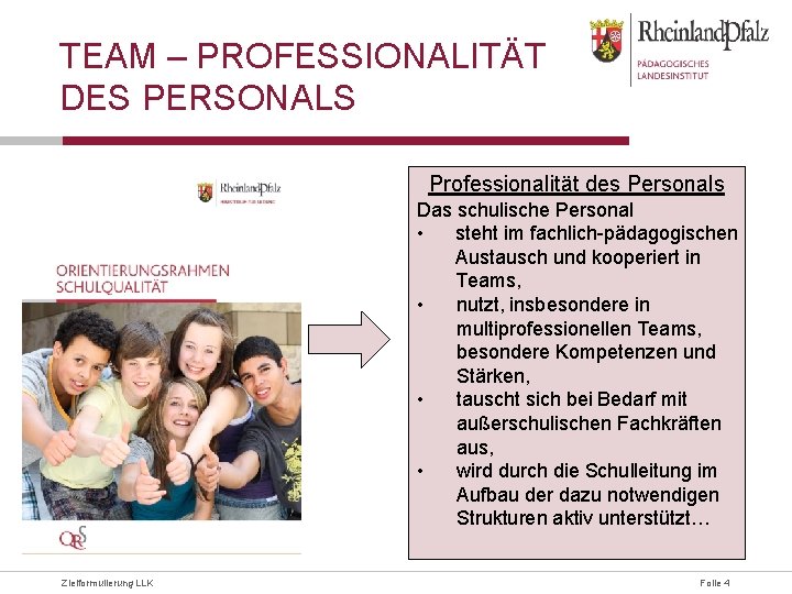 TEAM – PROFESSIONALITÄT DES PERSONALS Professionalität des Personals Das schulische Personal • steht im