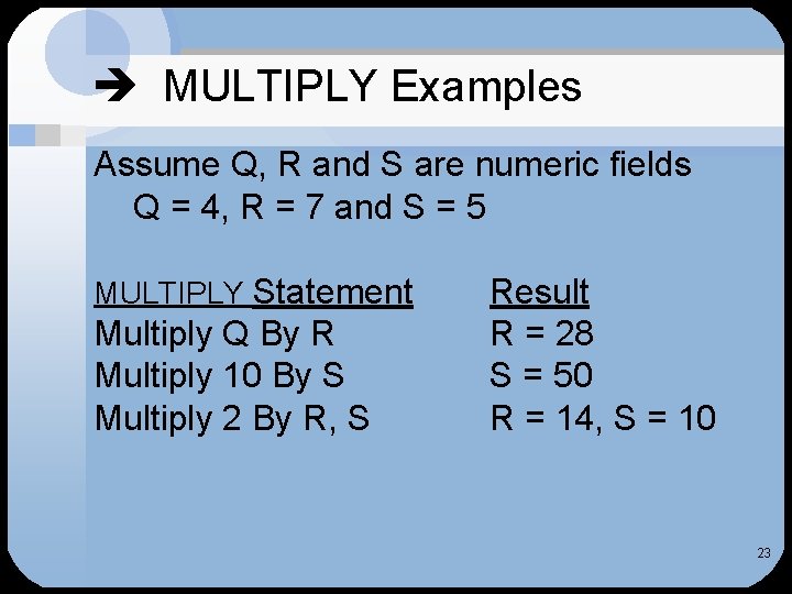  MULTIPLY Examples Assume Q, R and S are numeric fields Q = 4,