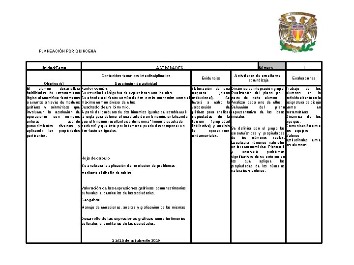 PLANEACIÓN POR QUINCENA Unidad/Tema ACTIVIDADES Contenidos temáticos interdisciplinarios Número Evidencias Actividades de enseñanzaaprendizaje I