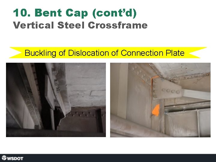 10. Bent Cap (cont’d) Vertical Steel Crossframe Buckling of Dislocation of Connection Plate 