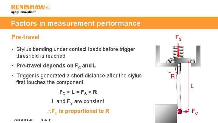 Factors in measurement performance Pre-travel • Stylus bending under contact loads before trigger threshold
