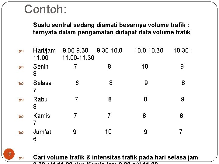 Contoh: Suatu sentral sedang diamati besarnya volume trafik : ternyata dalam pengamatan didapat data