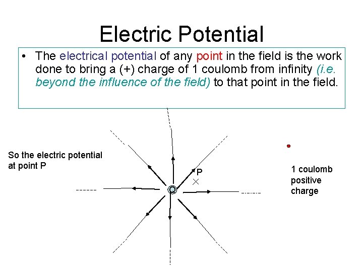 Electric Potential • The electrical potential of any point in the field is the