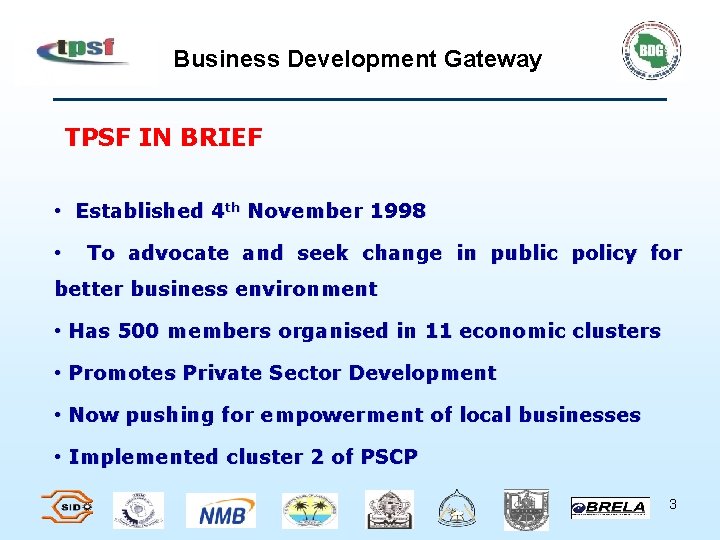 Business Development Gateway TPSF IN BRIEF • Established 4 th November 1998 • To