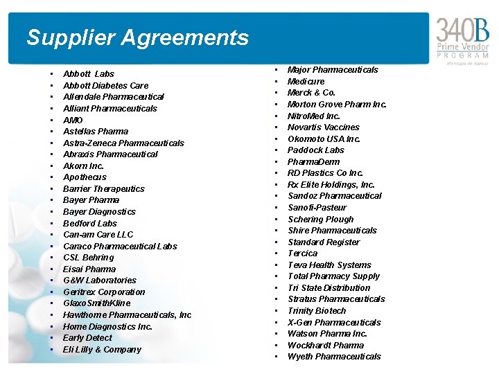 Supplier Agreements • • • • • • • Abbott Labs Abbott Diabetes Care