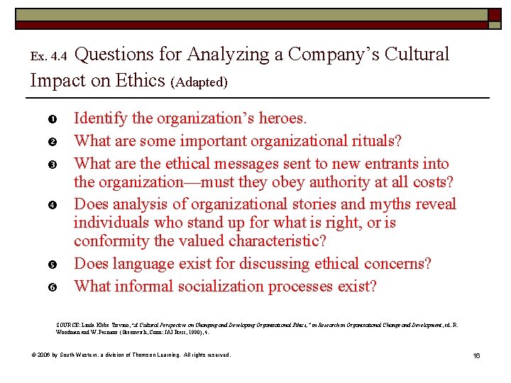Questions for Analyzing a Company’s Cultural Impact on Ethics (Adapted) Ex. 4. 4 Identify