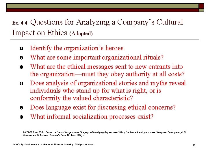Questions for Analyzing a Company’s Cultural Impact on Ethics (Adapted) Ex. 4. 4 Identify