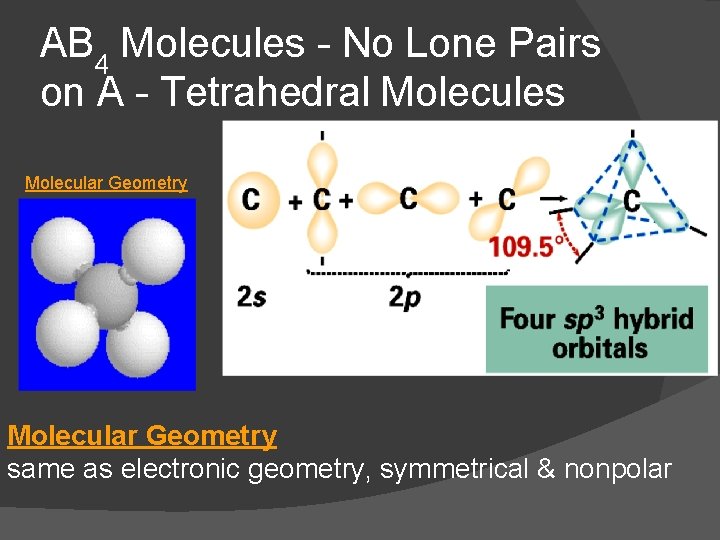 AB 4 Molecules - No Lone Pairs on A - Tetrahedral Molecules Molecular Geometry