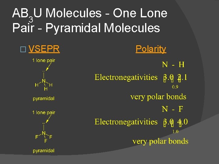 AB 3 U Molecules - One Lone Pair - Pyramidal Molecules � VSEPR Polarity