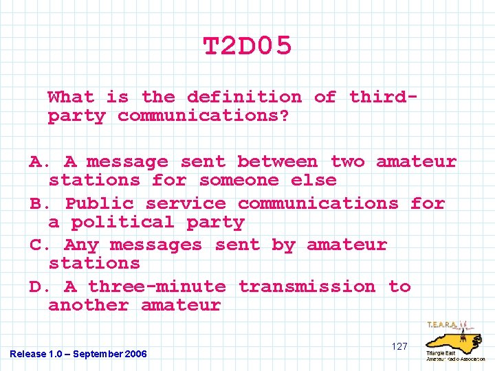 T 2 D 05 What is the definition of thirdparty communications? A. A message