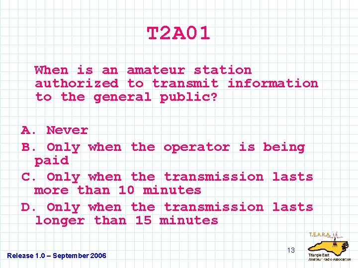 T 2 A 01 When is an amateur station authorized to transmit information to