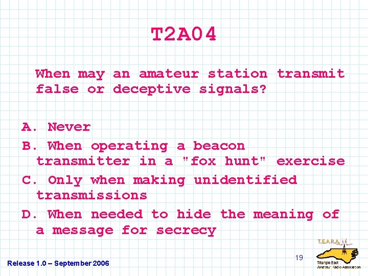 T 2 A 04 When may an amateur station transmit false or deceptive signals?