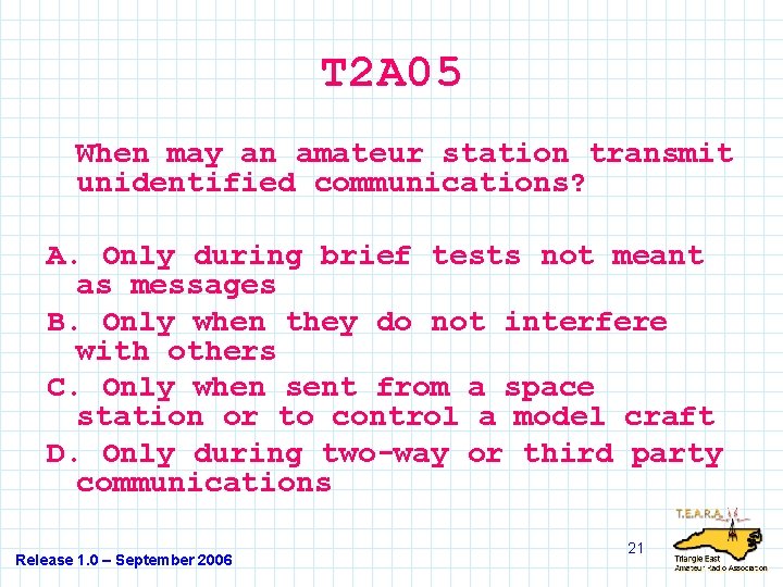 T 2 A 05 When may an amateur station transmit unidentified communications? A. Only