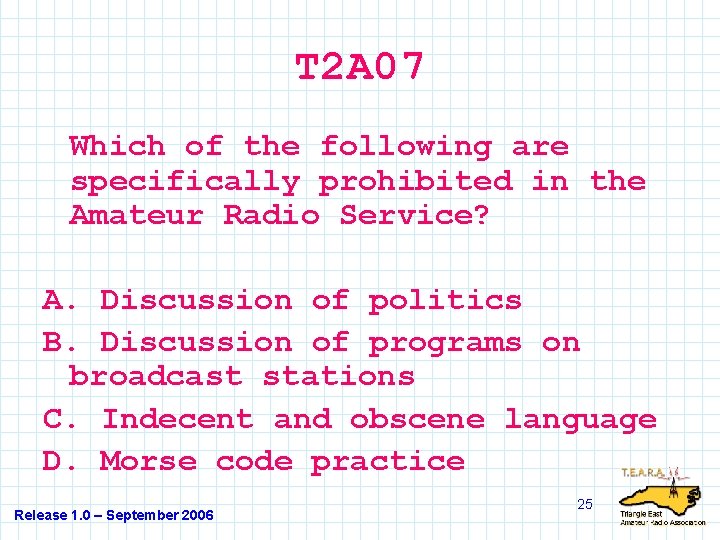 T 2 A 07 Which of the following are specifically prohibited in the Amateur