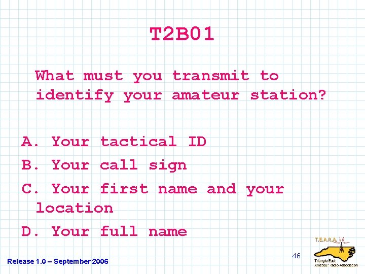 T 2 B 01 What must you transmit to identify your amateur station? A.