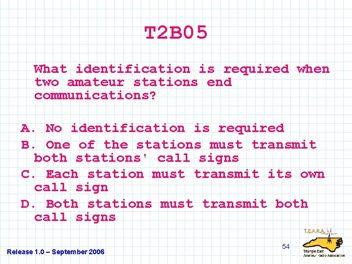 T 2 B 05 What identification is required when two amateur stations end communications?