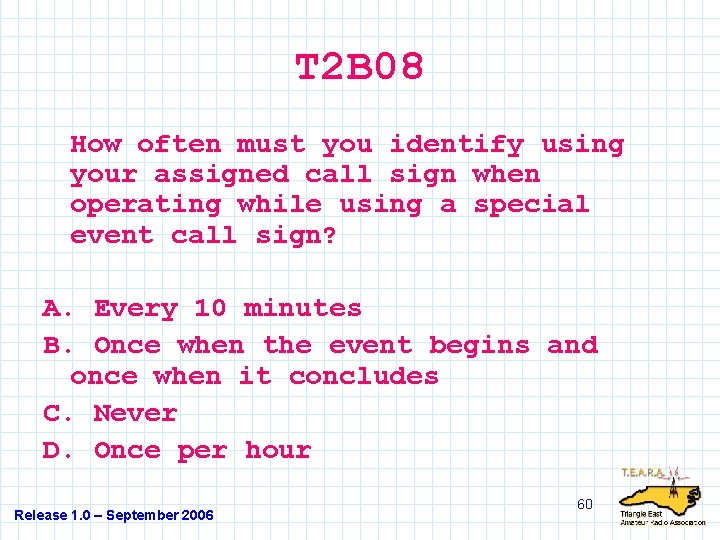 T 2 B 08 How often must you identify using your assigned call sign