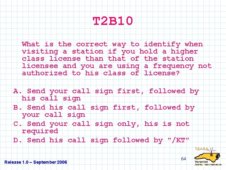 T 2 B 10 What is the correct way to identify when visiting a