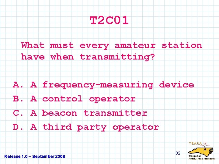 T 2 C 01 What must every amateur station have when transmitting? A. B.