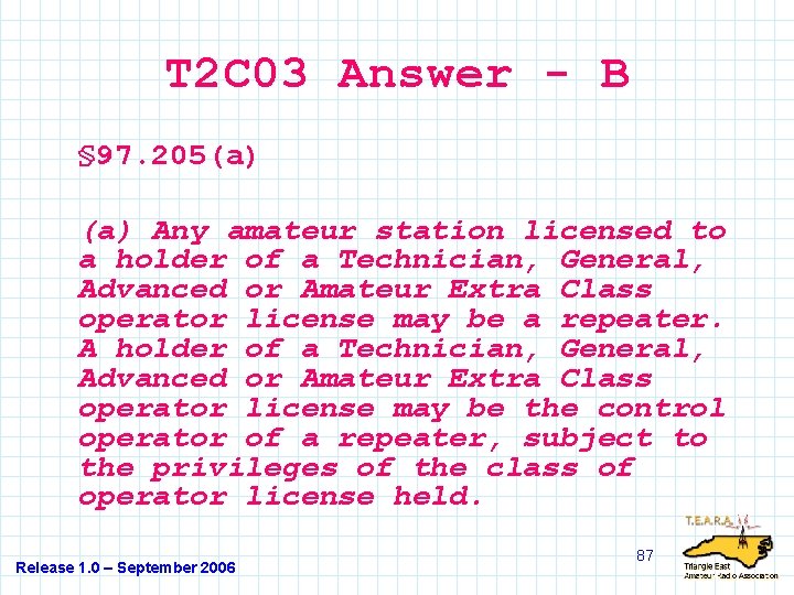 T 2 C 03 Answer - B § 97. 205(a) Any amateur station licensed