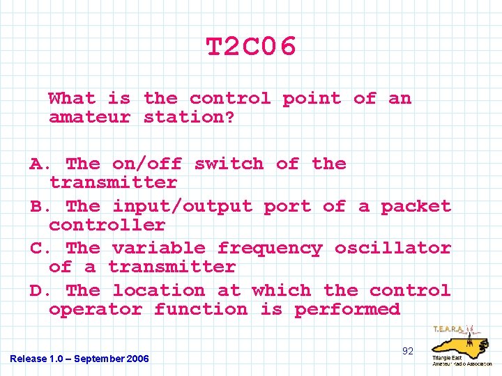 T 2 C 06 What is the control point of an amateur station? A.