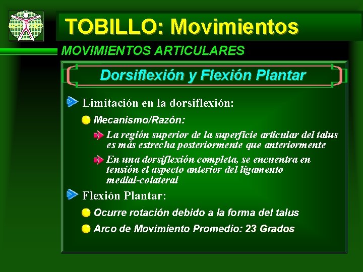 TOBILLO: Movimientos MOVIMIENTOS ARTICULARES Dorsiflexión y Flexión Plantar Limitación en la dorsiflexión: Mecanismo/Razón: La