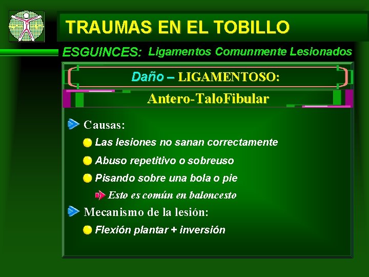 TRAUMAS EN EL TOBILLO ESGUINCES: Ligamentos Comunmente Lesionados Daño – LIGAMENTOSO: Antero-Talo. Fibular Causas: