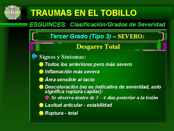 TRAUMAS EN EL TOBILLO ESGUINCES: Clasificación/Grados de Severidad Tercer Grado (Tipo 3) – SEVERO: