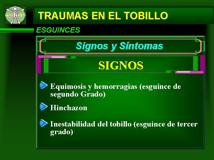 TRAUMAS EN EL TOBILLO ESGUINCES Signos y Síntomas SIGNOS Equimosis y hemorragias (esguince de