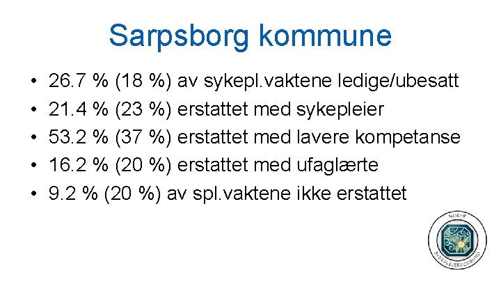 Sarpsborg kommune • • • 26. 7 % (18 %) av sykepl. vaktene ledige/ubesatt