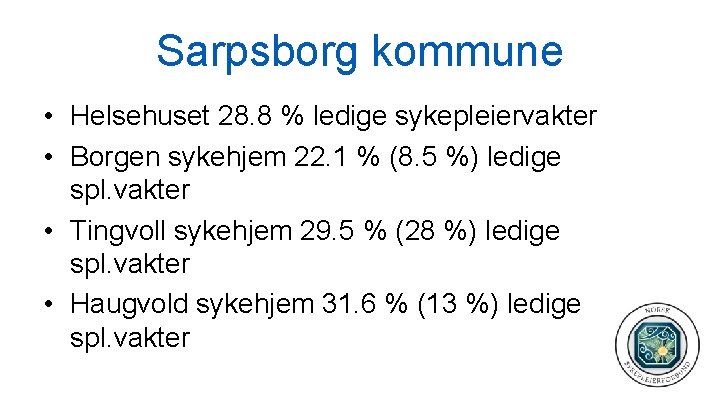 Sarpsborg kommune • Helsehuset 28. 8 % ledige sykepleiervakter • Borgen sykehjem 22. 1