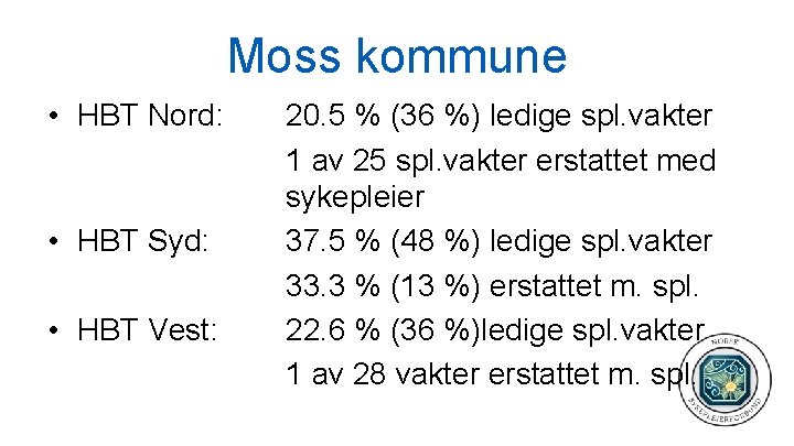 Moss kommune • HBT Nord: • HBT Syd: • HBT Vest: 20. 5 %