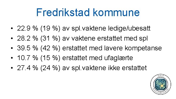 Fredrikstad kommune • • • 22. 9 % (19 %) av spl. vaktene ledige/ubesatt