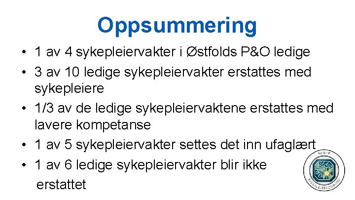 Oppsummering • 1 av 4 sykepleiervakter i Østfolds P&O ledige • 3 av 10