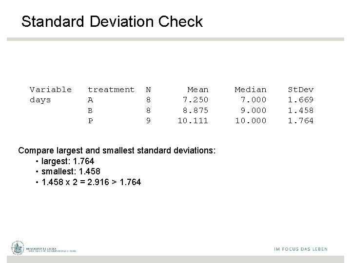Standard Deviation Check Variable days treatment A B P N 8 8 9 Mean