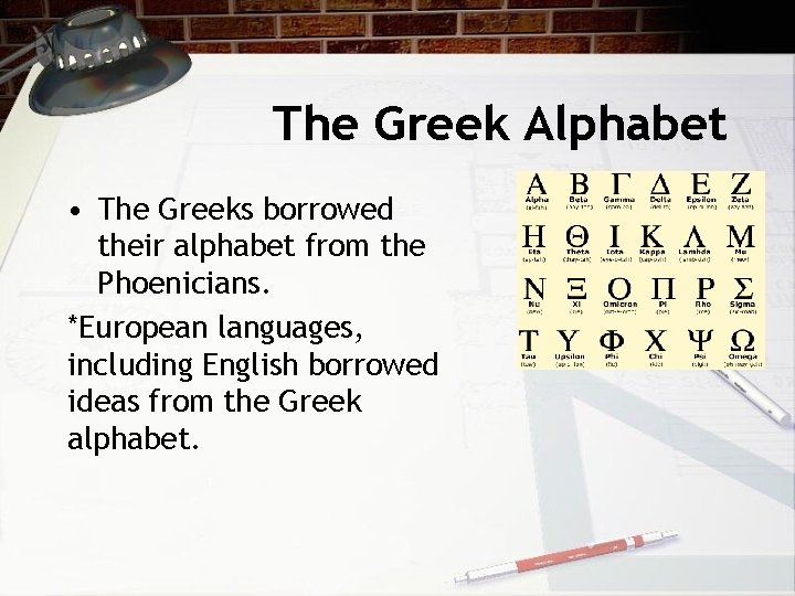 The Greek Alphabet • The Greeks borrowed their alphabet from the Phoenicians. *European languages,