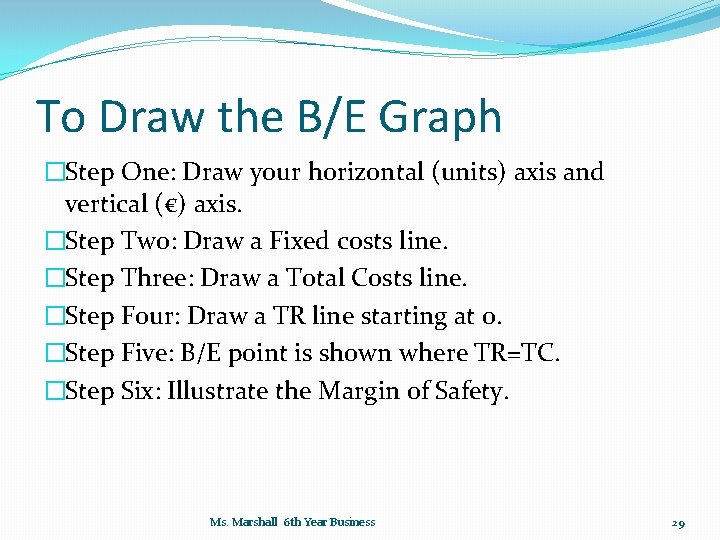 To Draw the B/E Graph �Step One: Draw your horizontal (units) axis and vertical