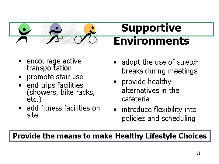 Supportive Environments • encourage active transportation • promote stair use • end trips facilities