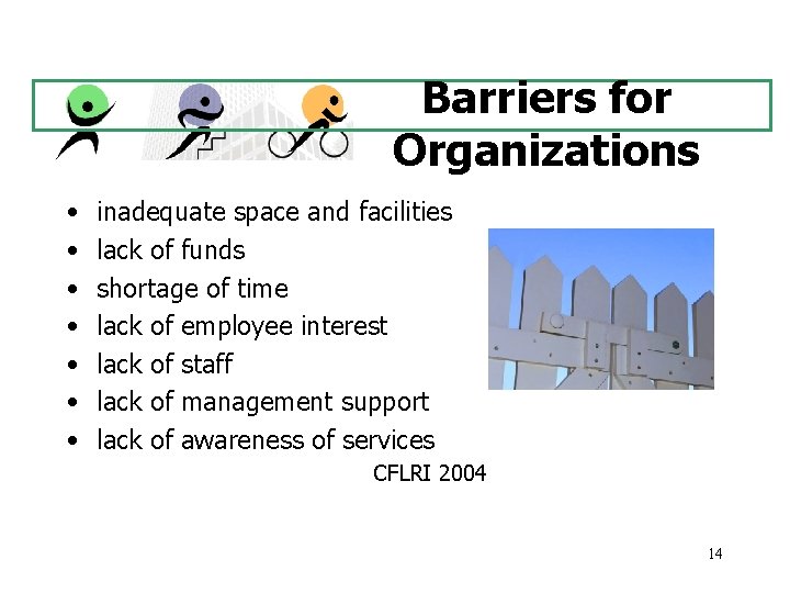 Barriers for Organizations • • inadequate space and facilities lack of funds shortage of
