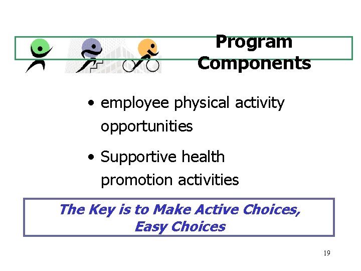 Program Components • employee physical activity opportunities • Supportive health promotion activities The Key