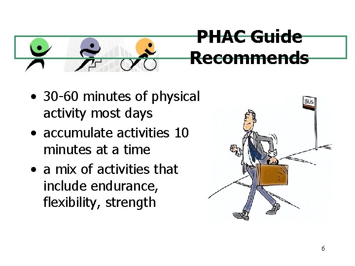 PHAC Guide Recommends • 30 -60 minutes of physical activity most days • accumulate